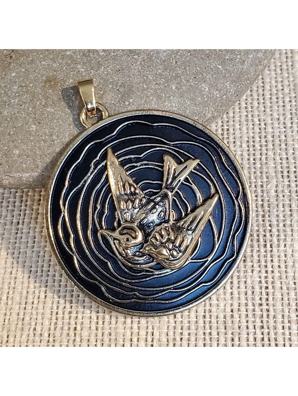 New Vintage 90s Peace Dove Antique Gold Black Alloy Metal Dimensional Pendant